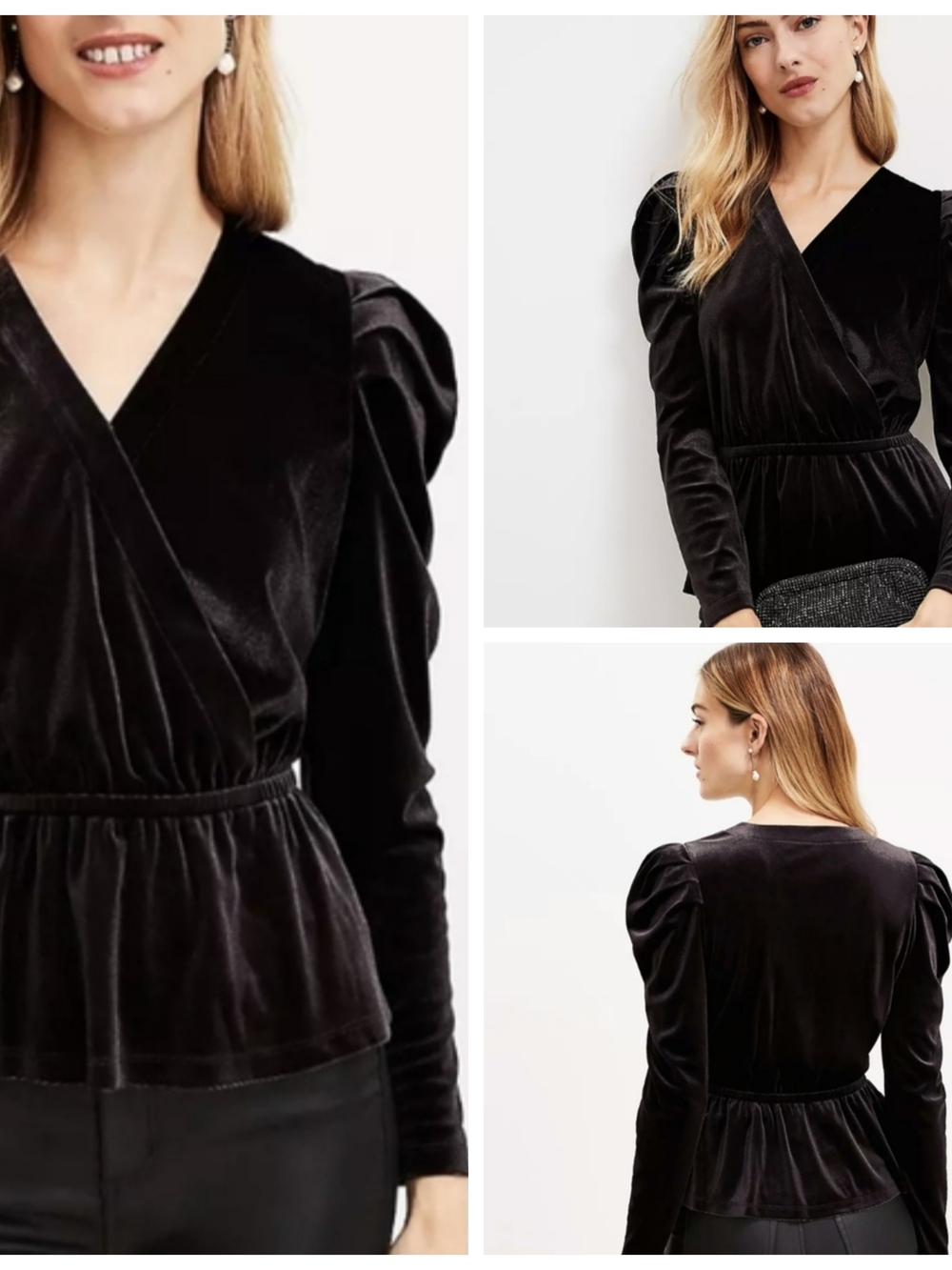 Black Velvet Puff-Sleeve Faux Wrap Top With Peplum - Women's Size L